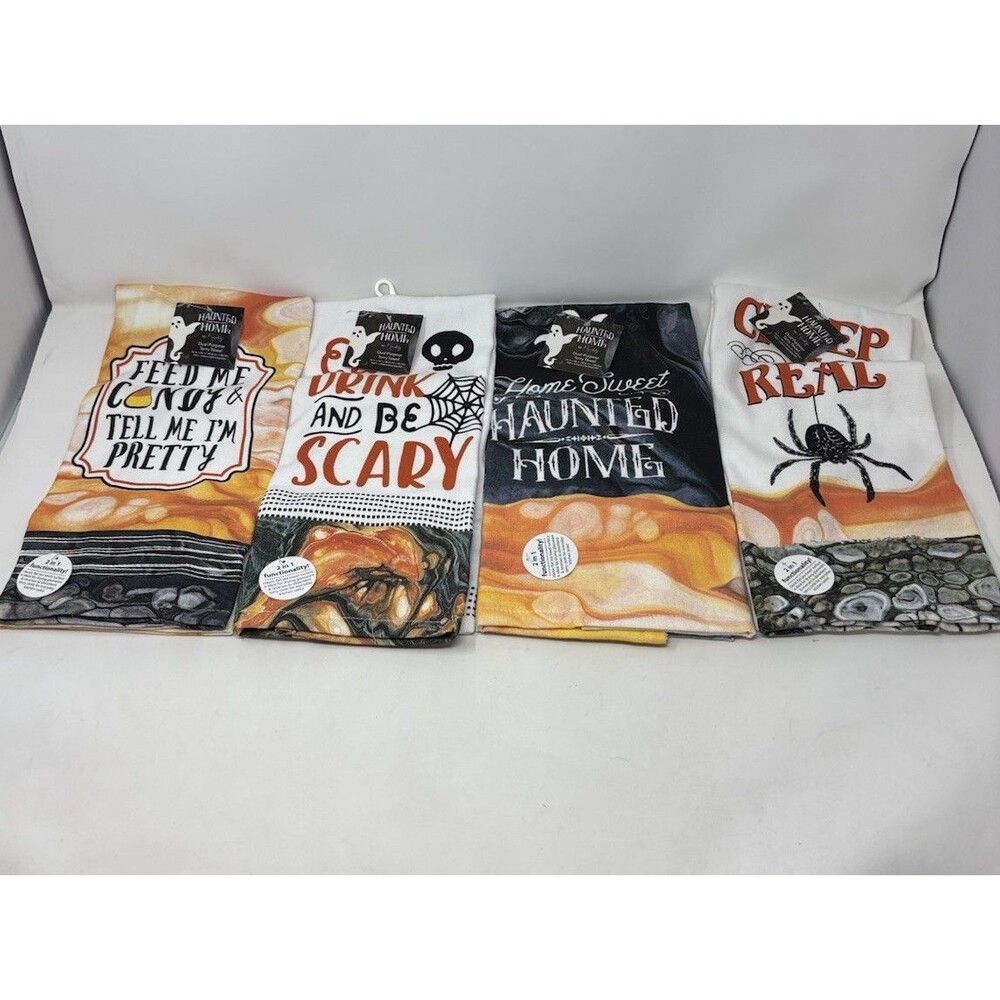 Haunted Home By Friendly Halloween Kitchen Towels Set Of 4 Cotton NWT